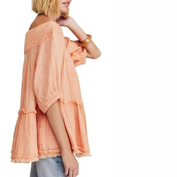 Free People‎ Tunic Top Orange Mystery Land Shirt Coral Size Small - Picture 1 of 11